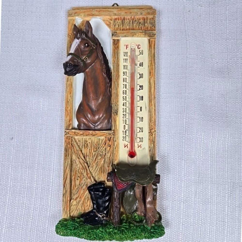 Vintage Style Horse Stable 3D Resin Wall Thermometer Western Equestrian Decor
